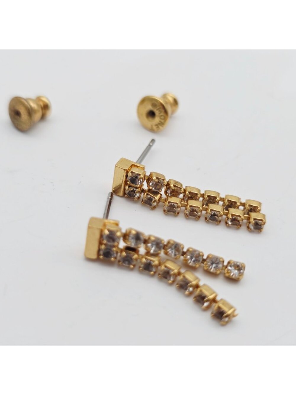 Monet Gold-Tone Rhinestone Drop Earrings With Stud Backings 1"